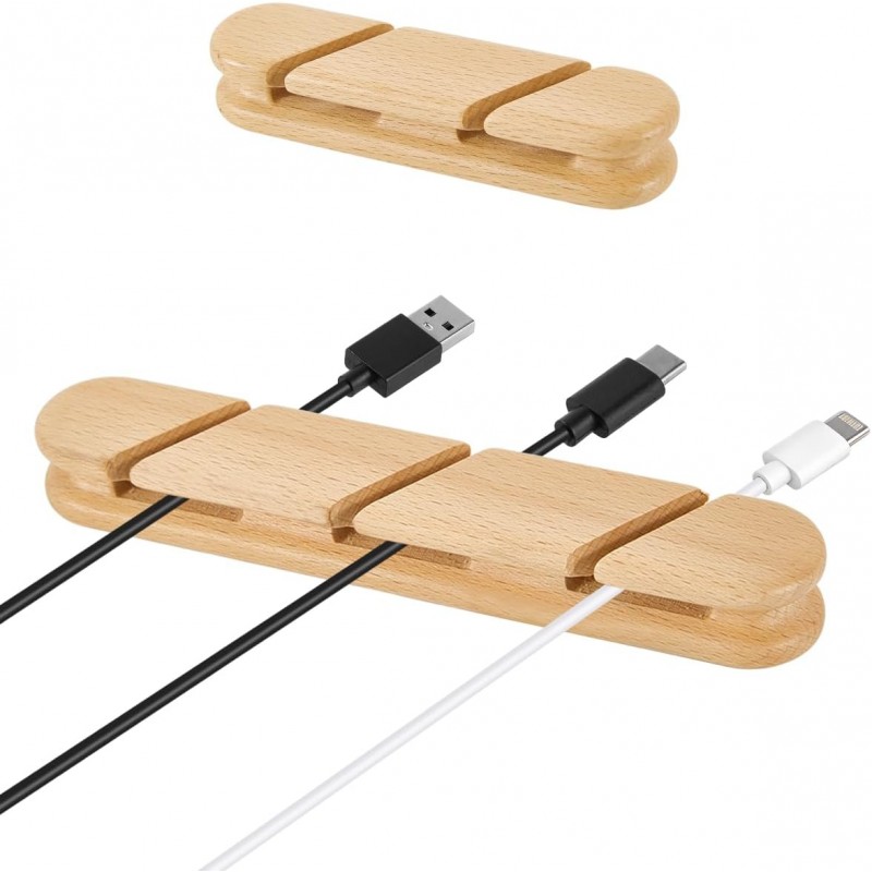 Natural Beech Wood Cable Holder & Cord Organizer, Adhesive Cable Clips for Desk