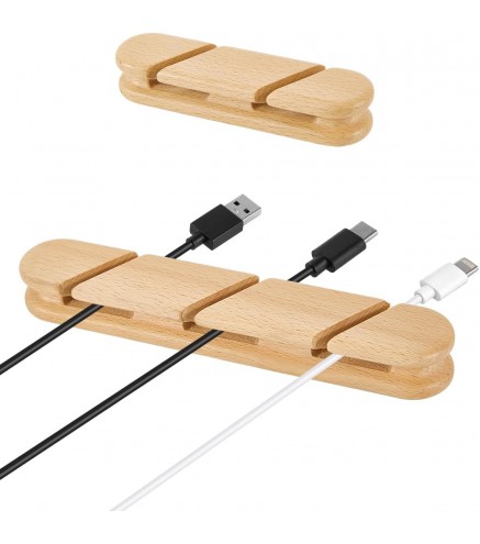Natural Beech Wood Cable Holder & Cord Organizer, Adhesive Cable Clips for Desk