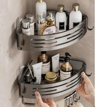 Suction Cup Corner Shower Caddy with Hooks and Towel Bar for Bathroom