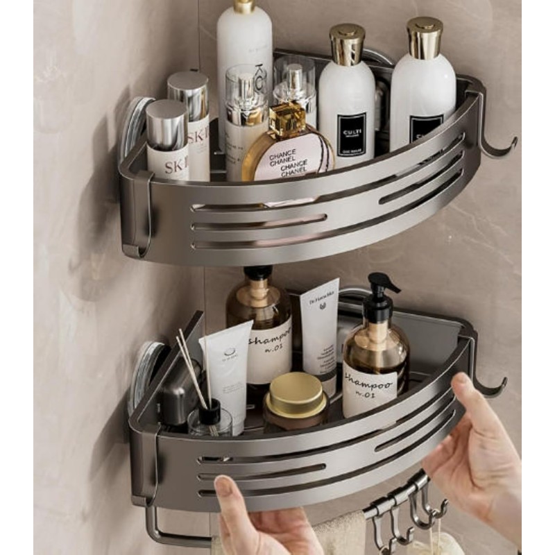 Suction Cup Corner Shower Caddy with Hooks and Towel Bar for Bathroom