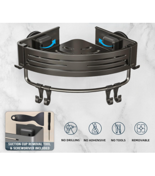 Suction Cup Corner Shower Caddy with Hooks and Towel Bar for Bathroom