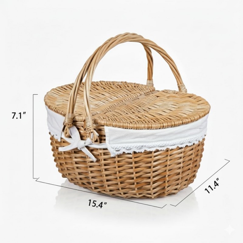 Wicker Picnic Basket with Lid and Handle Sturdy Woven Body with Washable Lining for Easter