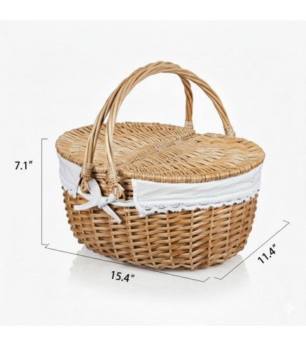 Wicker Picnic Basket with Lid and Handle Sturdy Woven Body with Washable Lining for Easter