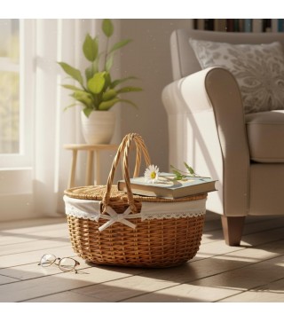 Wicker Picnic Basket with Lid and Handle Sturdy Woven Body with Washable Lining for Easter