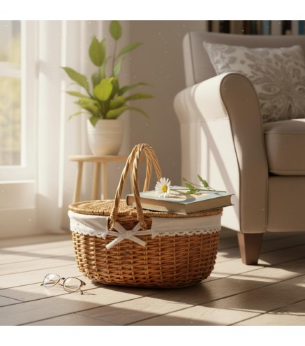 Wicker Picnic Basket with Lid and Handle Sturdy Woven Body with Washable Lining for Easter